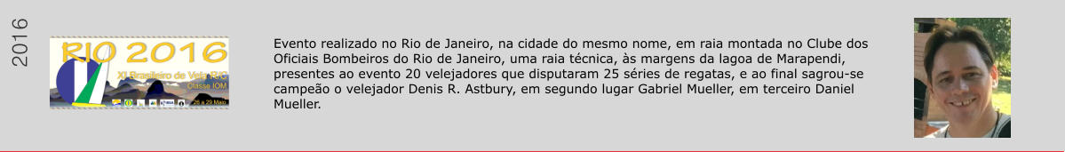 Evento realizado no Rio de Janeiro, na cidade do mesmo nome, em raia montada no Clube dos Oficiais Bombeiros do Rio de Janeiro, uma raia tcnica, s margens da lagoa de Marapendi, presentes ao evento 20 velejadores que disputaram 25 sries de regatas, e ao final sagrou-se campeo o velejador Denis R. Astbury, em segundo lugar Gabriel Mueller, em terceiro Daniel Mueller.  2016