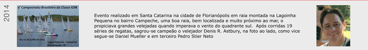 Evento realizado em Santa Catarina na cidade de Florianpolis em raia montada na Lagoinha Pequena no bairro Campeche, uma boa raia, bem localizada e muito prximo ao mar, o propiciava grandes velejadas quando imperava o vento do quadrante sul.  Aps corridas 19 sries de regatas, sagrou-se campeo o velejador Denis R. Astbury, na foto ao lado, como vice segue-se Daniel Mueller e em terceiro Pedro Stier Neto  2014